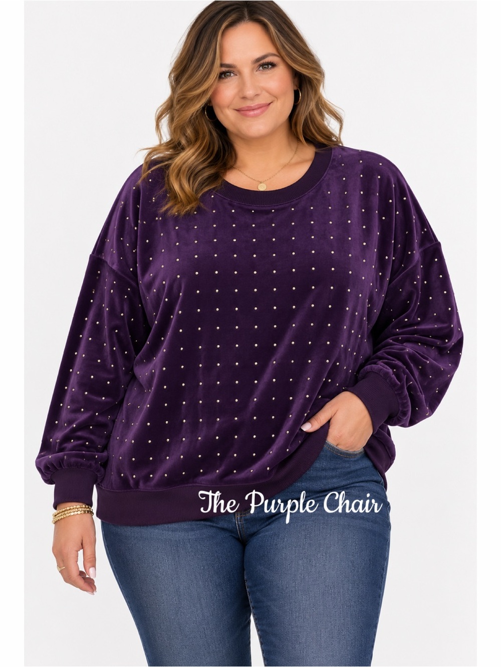 ASHLEY STEWART NWT Purple/Gold Studded Long Sleeve Velour Sweatshirt 26/28